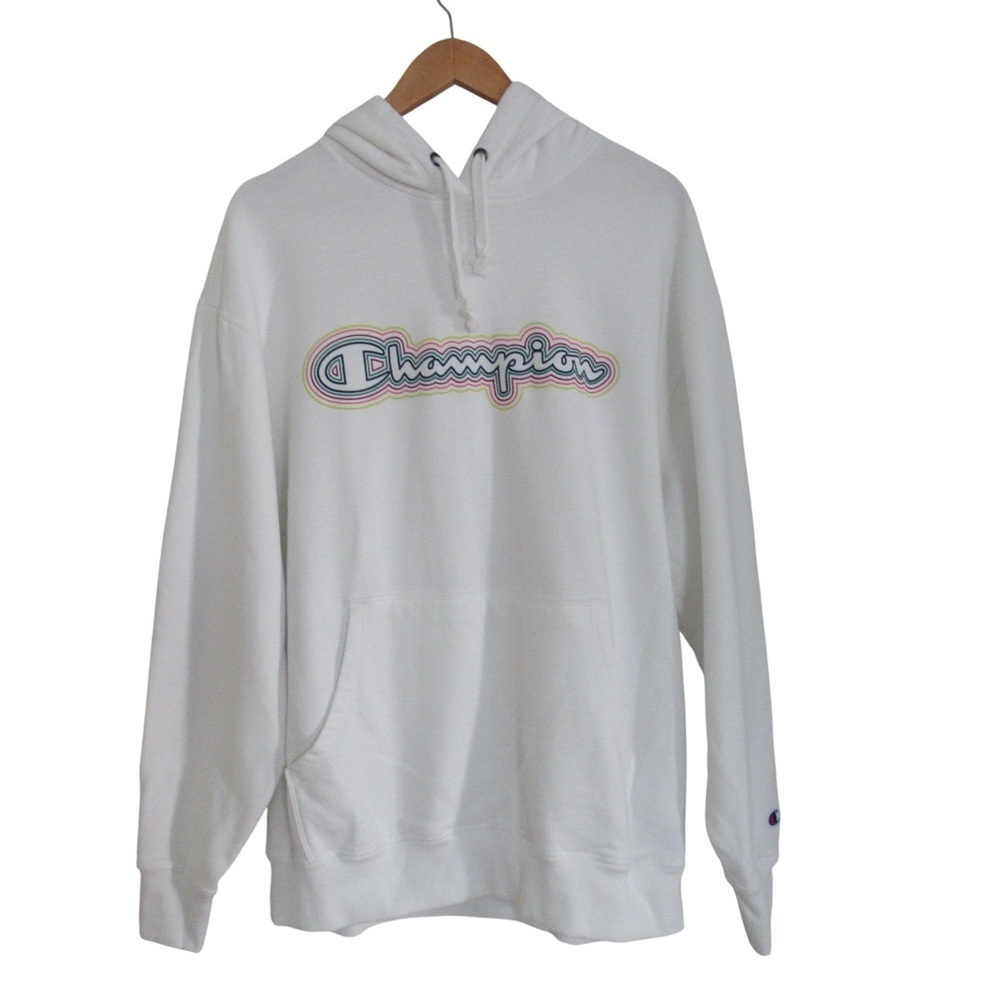 Champion Powerblend Hoodie Sweatshirt XL White Oversized Retro Groovy Athletic